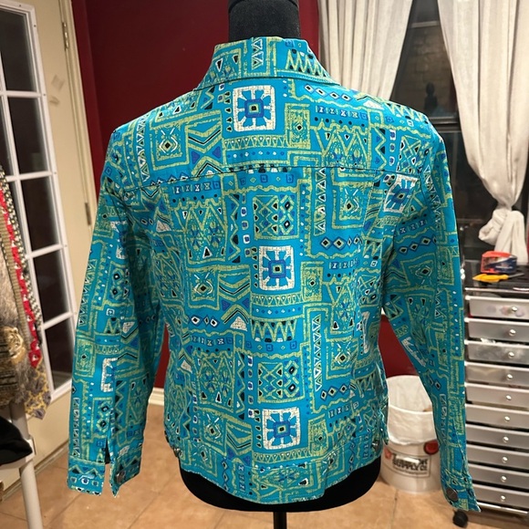 Hearts of Palm Petite 10P Turquoise Aztec Print Studded Cotton Stretch Jacket - Picture 2 of 9